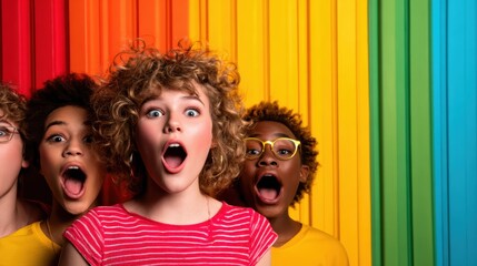 A vibrant group of enthusiastic kids with different hairstyles and expressions, emphasizing joy and excitement against a colorful striped backdrop.
