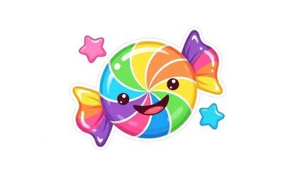 Lively rainbow swirl candy mascot smiling brightly surrounded by whimsical star accents