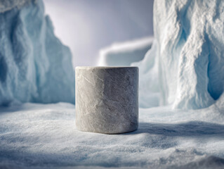 Smooth cylindrical stone standing on icy surface with towering ice formations and soft diffused light in a cold winter landscape setting