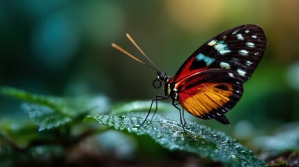 Naklejka premium This captivating image features a vibrant butterfly perched delicately on a dewy green leaf, highlighting the beauty of nature and the intricacies of its colors.