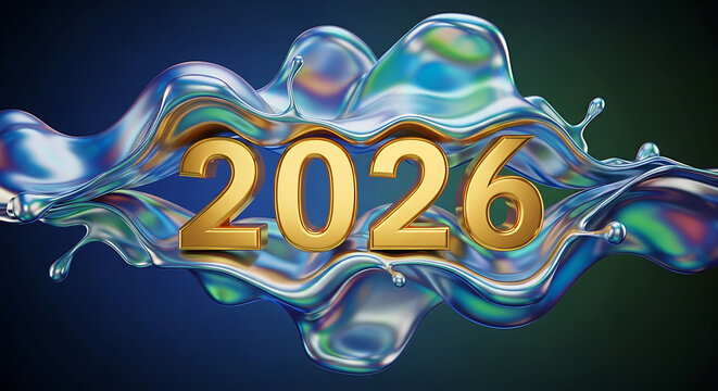 A futuristic illustration of the year 2026 in gold with a splash of water - Powered by Adobe