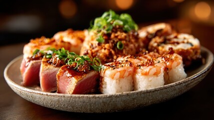 An exquisite plate of sushi displays a variety of flavors and textures, featuring fresh fish and garnishes, elegantly arranged for a delightful dining experience.