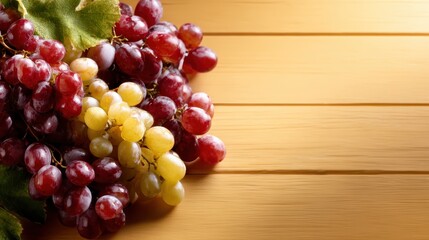 A fresh and appetizing assortment of red and green grapes, beautifully arranged on a wooden surface, inviting the viewer to indulge in their natural sweetness and vibrant colors.