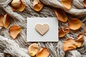 Blank white paper card with wooden heart symbol lying on cozy wool texture amidst dried orange flower petal representing romance