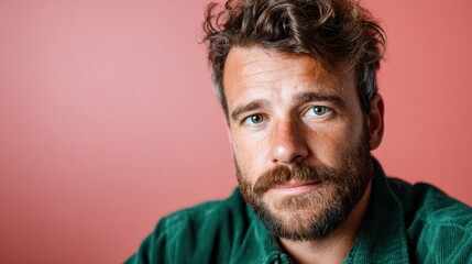 Fototapeta premium A contemplative man with a beard gazes into the camera against a soft pink background, showcasing a blend of masculinity and vulnerability in his expression.