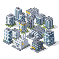 3D Isometric Cityscape with Modern Buildings.