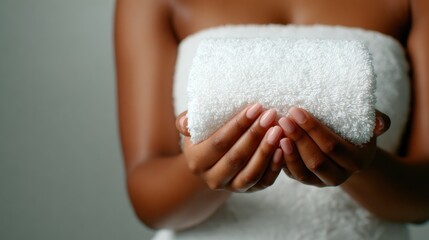 A focused image of hands gracefully holding a fluffy white towel, reflecting wellness and self-care practices that promote relaxation and rejuvenation for the body and mind.