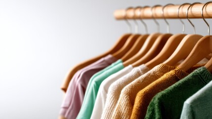 An appealing arrangement of stylish clothes on wooden hangers in an artistic presentation, highlighting modern fashion trends and the allure of organized retail spaces.