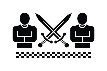 Competition symbol with person silhouettes and medieval crossed swords
