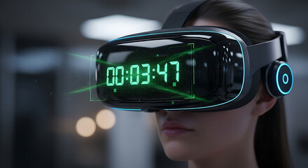 A woman wearing a virtual reality headset with a digital timer display in a modern indoor setting