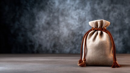 An elegant burlap bag tied with a rustic string sits on a textured surface, evoking curiosity and a sense of nostalgia for traditional craftsmanship and hidden treasures.