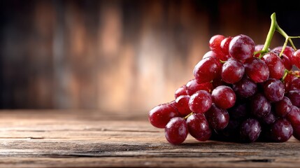 A vibrant cluster of fresh red grapes rests on a rustic wooden surface, capturing the essence of freshness, nature, and healthy eating in a creative composition.