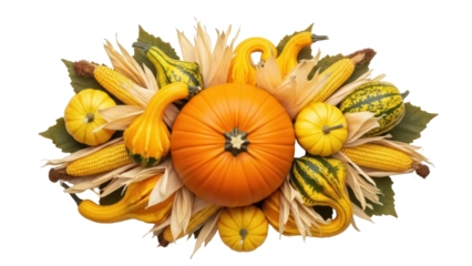 Isolated Fall display of gourds, pumpkins, and Indian corn autumn seasonal still life decor