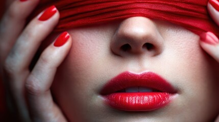 Fototapeta premium This striking portrait features a model with captivating red lips covered by a vibrant red fabric, evoking mystery, allure, and a strong emotional connection.