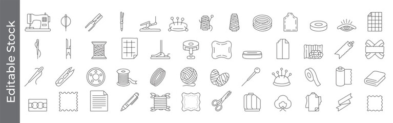 Sewing and tailoring tools line icon set &ndash; editable outline symbols of sewing machine, needle, thread, scissors, yarn and fabric