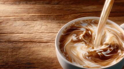 A close-up shot of coffee with cream swirling into it, beautifully blending colors and textures, perfect for coffee lovers and those appreciating warm beverages in cozy settings.