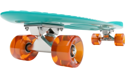 Isolated Turquoise Penny Board on Transparent Background with Bright Orange Wheels Viewed at Angle