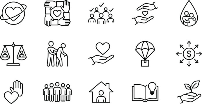 Charity donation line icons set, social care community support love helping hands minimal outline vector for nonprofit apps design