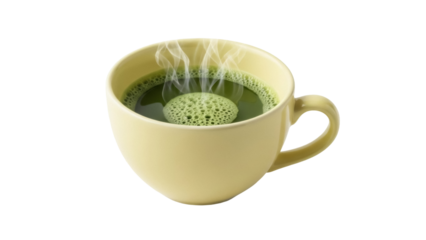 Isolated steaming mug of matcha tea, a traditional Japanese drink, healthy beverage