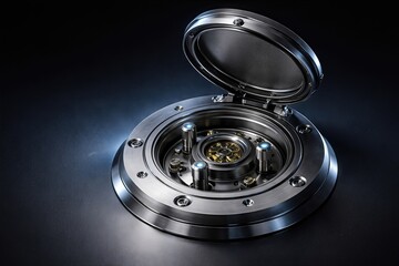 High tech metallic vault with intricate details showcasing advanced technology and mechanical precision illuminated by ambient lighting indicating security and sophistication