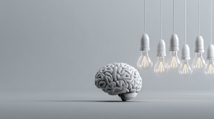 Conceptual image of a gray brain model beside a row of illuminated hanging light bulbs symbolizing creativity and innovative thinking in a minimalist setting