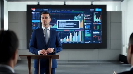 Business presenter speaking in front of digital charts on large screen, modern meeting room - Powered by Adobe