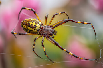 Close-up view of a brightly patterned spider with long, spiny legs weaving its web against a soft floral background with pink and green hues