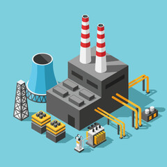 Obraz premium Isometric Illustration of Industrial Power Plant Facility.