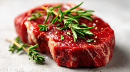 This image showcases a beautifully marbled steak garnished with fresh herbs, emphasizing the textures and colors of raw meat ready for culinary preparation.
