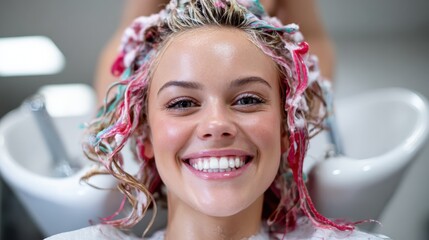 This cheerful woman with colorful hair treatment exudes joy as she sits in a salon, reflecting the vibrant atmosphere and the transformative power of beauty care.