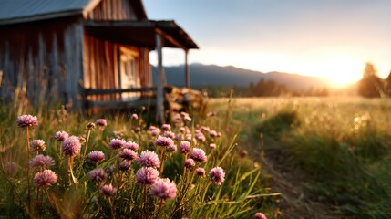 A scenic view of a rustic cabin surrounded by blooming flowers and golden hour sunlight, capturing the serene beauty of nature and tranquility in rural settings.