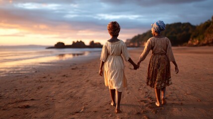 Fototapeta premium Two young sisters stroll hand in hand along the beach during sunset, showcasing their close bond and the joy of togetherness against a stunning coastal backdrop.