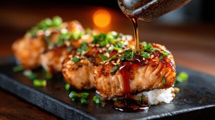 A mouth-watering presentation of glazed barbecue salmon on a plate garnished with green onions, showcasing culinary art and delicious flavors that excite the senses.