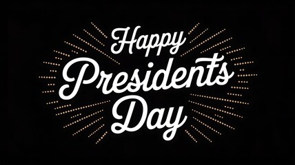 A celebratory graphic showcases the text happy presidents day in elegant white cursive surrounded by radiating golden lines on a black background