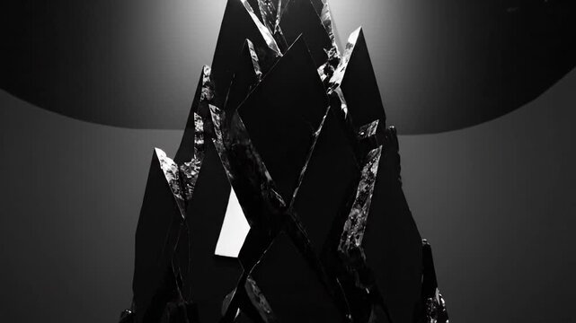 Abstract sculpture of gleaming obsidian shards meticulously arranged, showcasing modern artistic design
