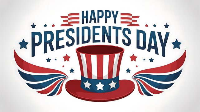 A festive graphic celebrates presidents day with a patriotic top hat stars and the red white and blue colors of the american flag