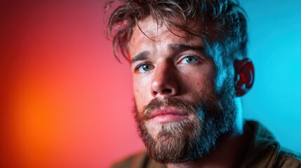 A close-up portrait of a rugged, bearded man with striking blue eyes. The interplay of colorful light creates a captivating and dramatic atmosphere around him.