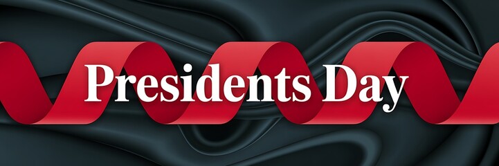 A vibrant image showcases presidents day text elegantly displayed on a flowing red ribbon with a dark background high quality professional