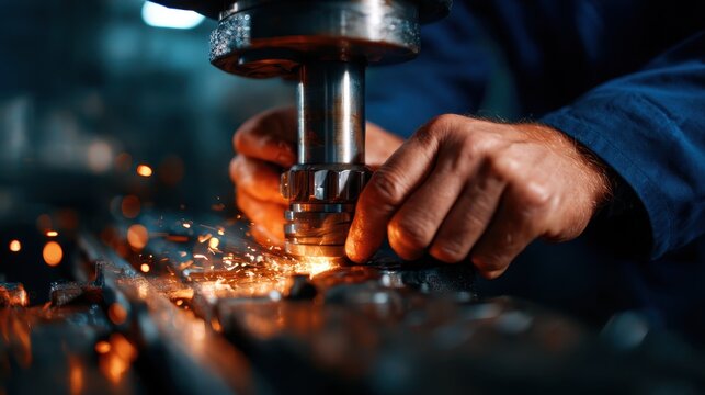 A skilled metalworker uses precision tools to craft metal components, reflecting dedication, skill, and the artistry of craftsmanship in an industrial setting.