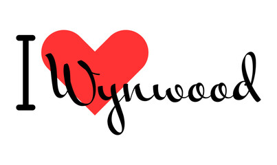 I love Wynwood Miami USA. Hand drawn letters with red heart. Vector illustration, lettering in modern design