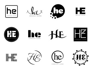 HE logo company template. Letter h and e logotype. Set different classic serif lettering and modern bold text with design elements. Initial font typography.