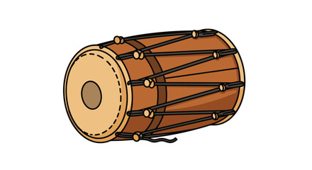 Cartoon Illustration of a Brown Indian Dholak Drum with Strings.