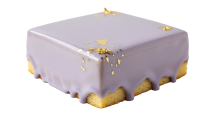 Isolated square cake with mirror icing and gold leaf decoration, delicious dessert treat