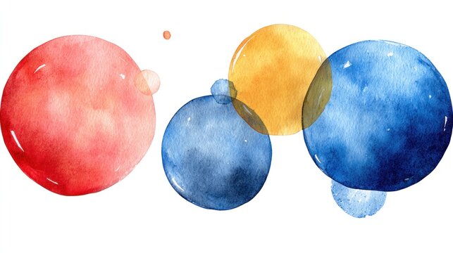 Abstract watercolor spheres in red yellow and blue over white background