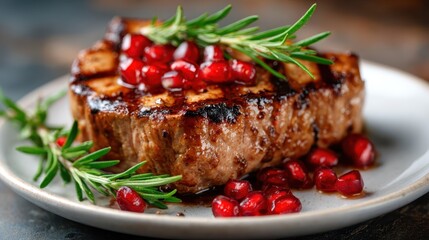 A beautifully presented gourmet steak topped with pomegranate seeds and fresh herbs, embodying culinary art and sophistication in a warm, inviting atmosphere.