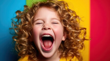 An excited child bursts into laughter against a bright colored backdrop, capturing pure joy and the carefree essence of childhood, full of energy and happiness.