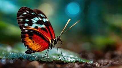 Obraz premium A stunning close-up of a vibrant butterfly delicately resting on a green leaf, showcasing nature's beauty, colors, and the wonder of wildlife in a tranquil environment.