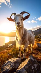 Obraz premium Smiling goat stands on rocks, basking in golden light with lake backdrop under a blue sky with fluffy clouds