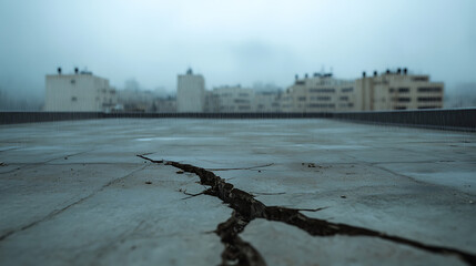 A profound fissure scars an urban rooftop, buildings fading into the mist, creating a stark juxtaposition of resilience and vulnerability against the cityscape.