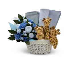 Charming Blue Baby Gift Basket with Koala Plush Toys , Little Koalas and Floral Accents Rose-Shaped Cloths  Cut-Out Clipping Path With Adobe Photoshop Pen Tool . PNG Transparent Gift Box Toy Hamper